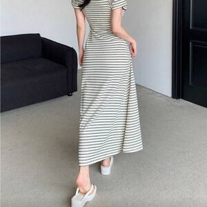 Striped Short-Sleeve Maxi Dress in Light Gray and White